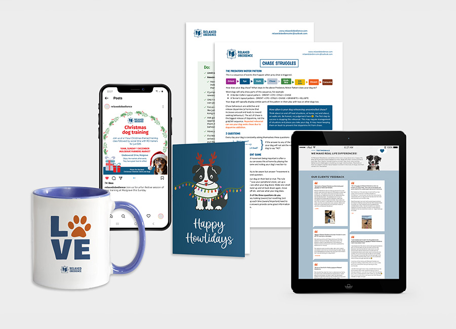 Custom mug, Christmas card, information sheets, social graphics and website for Relaxed Obedience
